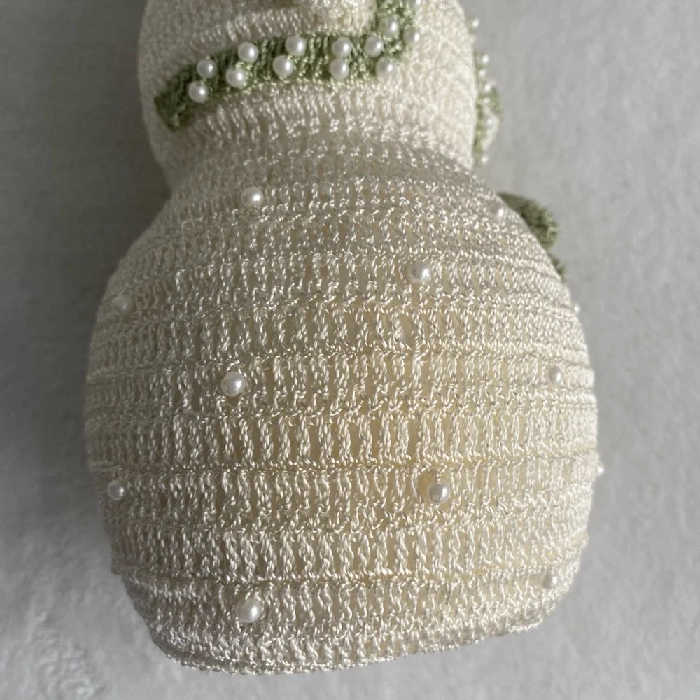 Delicate Crochet Snowman Figurine Cream White Green Pearls Victorian‎ Christmas